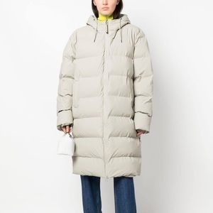 RAINS Waterproof Long Puffer Coat in Cement
